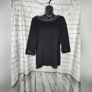 Chanel Black Round Neck Satin Trim Embroidered Logo 3/4 Sleeve Blouse Size M